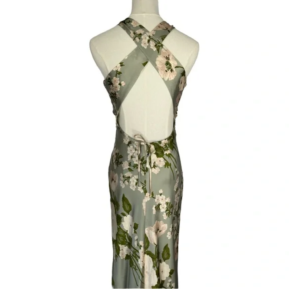 Reformation Green Floral Silk Halter Maxi Dress | Size 0 - Picture 6 of 9